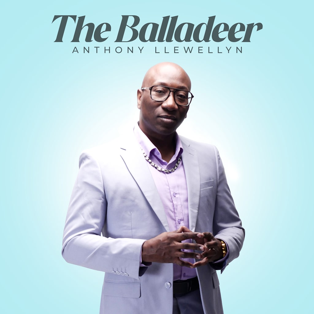 The Balladeer album artwork showing Anthony Llewellyn in a pale suit against a blue background.